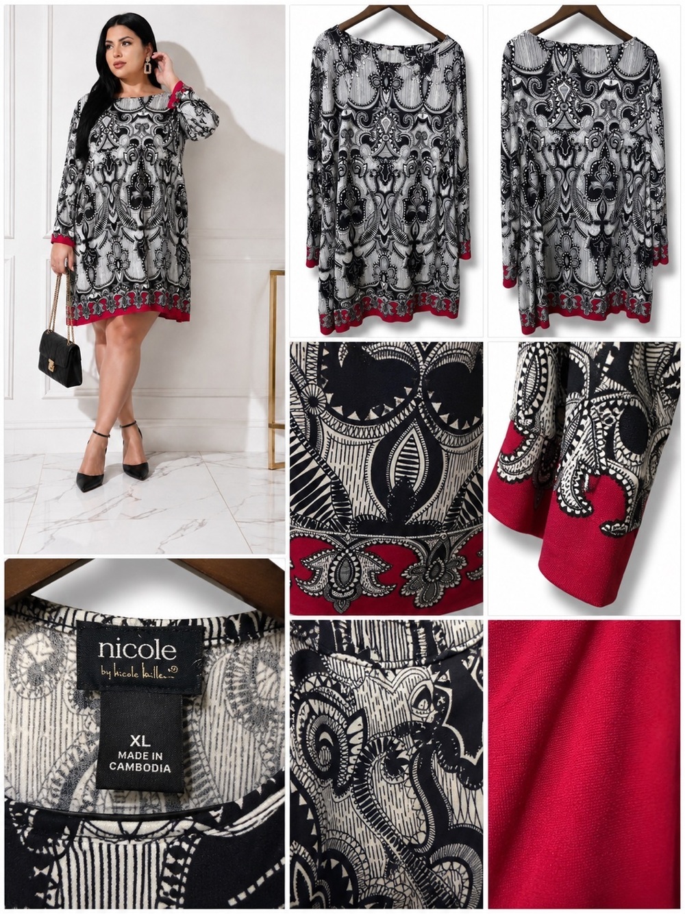 Nicole Miller | EUC Boho Baroque Black White Printed Red Trim Shift Dress (XL)